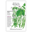Front of an organic Botanical Interests seed packet for Blue Lake 274 Bush Bean Seeds displaying heirloom description and a botanical illustration of green bean vines, hanging pods, and small purple blossoms.