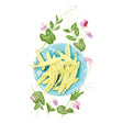 Illustration of Golden Sweet Snow Pea on a blue plate with leaves and flowers on a white background