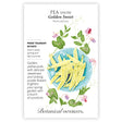 Seed packet for 'Pea Snow Golden Sweet' with illustrations of peas and plants, with botanical information, on a white background.