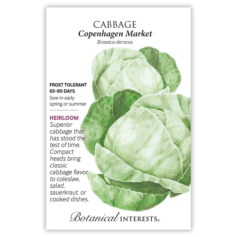 Seed packet for Copenhagen Market cabbage featuring a detailed illustration of pale green, compact round heads with loose outer leaves, labeled frost tolerant, 65-80 days, heirloom, with text describing its classic flavor for coleslaw, salad, sauerkraut, or cooked dishes.