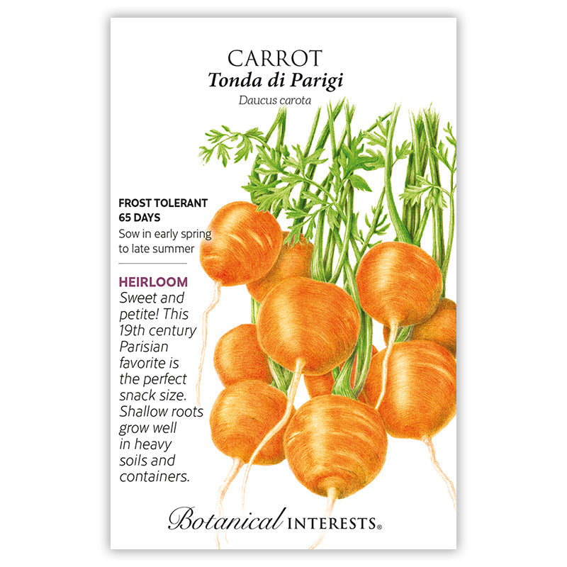 Seed packet for Tonda di Parigi carrot showing an illustration of round, orange, golf ball-sized roots with leafy green tops, alongside text noting it's frost tolerant, matures in 65 days, and is an heirloom variety suited to containers and heavy soils.