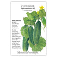 Botanical Interests seed packet for Spacemaster 80 cucumber, illustrated with three bumpy dark green cucumbers hanging among broad leaves, curling tendrils, and small yellow flowers, plus printed text noting frost sensitivity, a 62-day maturity, and a description calling it a compact, bushy plant good for pickles or slicing and suited to containers.