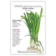 Front of an organic Botanical Interests seed packet for White Lisbon Bunching/Scallion Onion Seeds with botanical information and illustrations of freshly harvested scallions with green tops and white bulbs tied with a green ribbon.