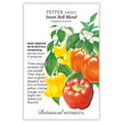 Seed packet for Sweet Bell Blend sweet peppers, illustrated with glossy yellow, orange, and red bell peppers among green leaves and white flowers, with text noting frost sensitivity, 68-85 days from transplanting, and that all three varieties start green before ripening to their final colors.