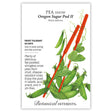 Seed packet for 'Pea Snow Oregon Sugar Pod II' with botanical information and illustrations of peas and red sticks on a white background.