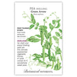Botanical Interests seed packet for Green Arrow Shelling Pea, illustrated with a detailed drawing of vines, tendrils, and plump pods split open to reveal rows of peas, alongside text noting it's frost tolerant, matures in 65 days, and is an heirloom variety.