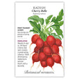 Botanical Interests seed packet for Cherry Belle Radish, illustrated with a bunch of round, bright red radishes and leafy green tops, with printed text noting it's a frost-tolerant, 24-day heirloom variety and 1949 All-America Selections winner.