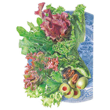 Detailed botanical illustration of mixed leaf lettuce varieties including green and red oak leaf, butterhead, and frilly lettuce styled on a blue and white decorative plate with green olives.