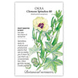 Front of an organic Botanical Interests seed packet for Clemson Spineless 80 Okra Seeds displaying heirloom description and a botanical illustration of green okra pods and a pale yellow flower with a purple center.