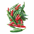 Illustration of a jumbled pile of slender serrano chile peppers, most still glossy green with a few fully ripened to bright red, shown against a plain white background.
