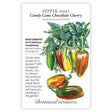Seed packet for Candy Cane Chocolate Cherry sweet pepper, illustrated with variegated green-and-white leaves and striped peppers ripening from green to red, yellow, and orange, plus text noting frost sensitivity and a 70-75 day maturity period.