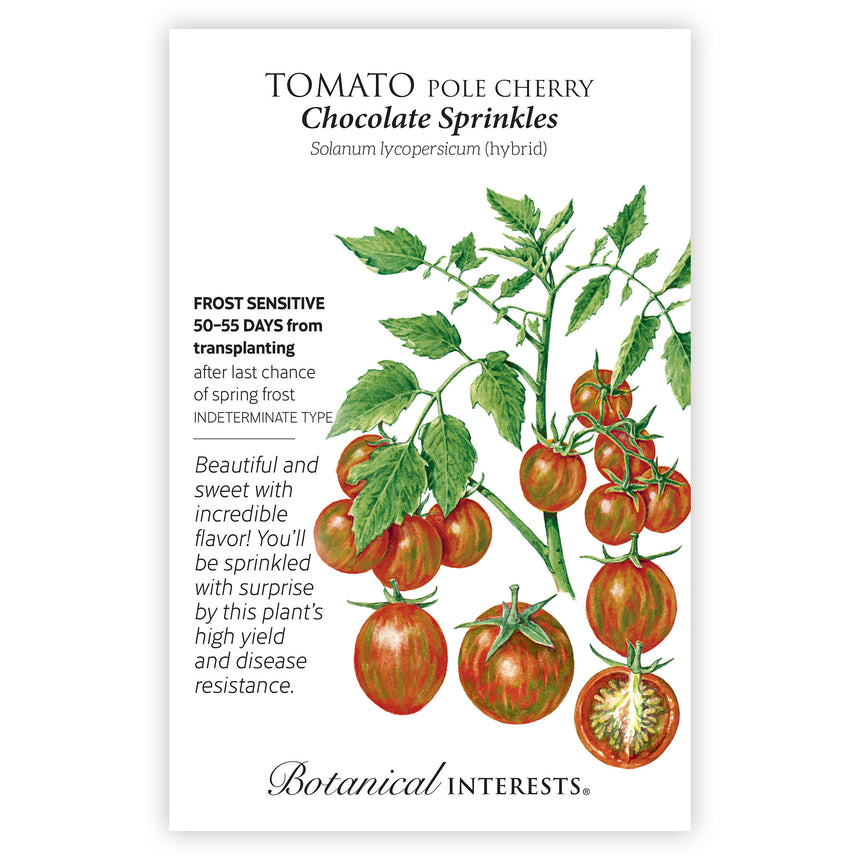 Seed packet for Chocolate Sprinkles Pole Cherry Tomato, illustrated with clusters of round red-and-green streaked cherry tomatoes on a leafy vine and one sliced open showing the seedy interior, alongside text noting frost sensitivity, 50–55 days to maturity, indeterminate growth, and a description praising its sweet flavor and high yield.