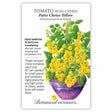 Seed packet for Tomato Bush Cherry Patio Choice Yellow with illustration and botanical information.