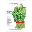 Seed packet for Chinese Broccoli Kailaan featuring a botanical illustration of a bundled bunch of broad, ruffled green leaves with broccoli-like florets tied with red twine, alongside text noting frost tolerance, 60-70 day maturity, and sowing in early spring or late summer.