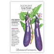Front of an organic Botanical Interests seed packet for Long Purple Eggplant Seeds featuring heirloom description and a botanical illustration of two slender purple eggplants on the vine.
