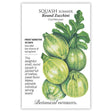 Seed packet for Round Zucchini summer squash showing an illustration of pale green, round-shaped zucchini with mottled striping and attached leaves, with text noting frost sensitivity, a 45-day maturity, and a description praising its sweet flavor and use as individual serving bowls.