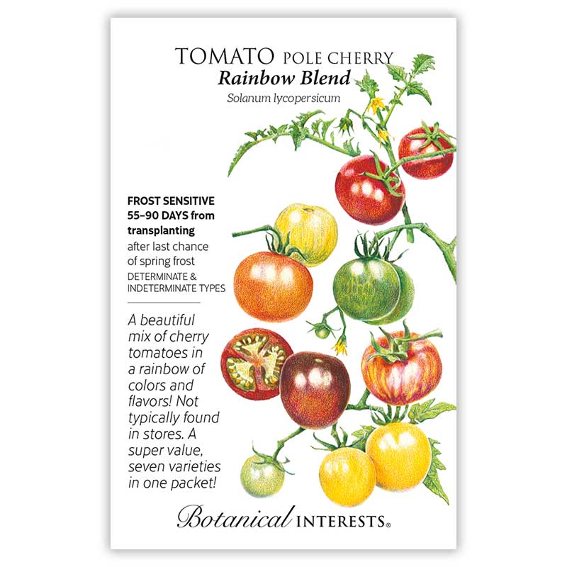 Seed packet for Tomato Pole Cherry Rainbow Blend featuring a detailed illustration of red, yellow, orange, green, and dark purple cherry tomatoes on the vine, with text noting frost sensitivity, 55–90 days to maturity, and seven varieties in one packet.