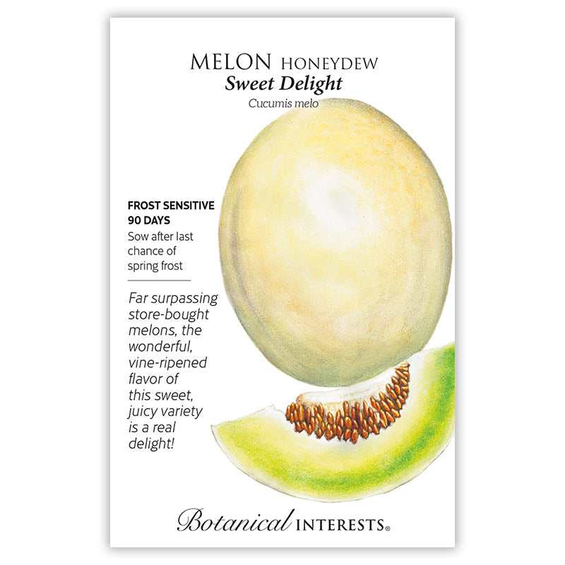 Seed packet for Sweet Delight Honeydew Melon showing an illustrated whole pale yellow melon and a cut wedge revealing green flesh with seeds, with text noting frost sensitivity, a 90-day growing period, and a description praising its sweet, juicy, vine-ripened flavor.