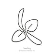 Simple black-and-white line drawing of a New Zealand spinach seedling, showing narrow, curled cotyledon leaves alongside broader rounded true leaves, labeled "Seedling" beneath the illustration.