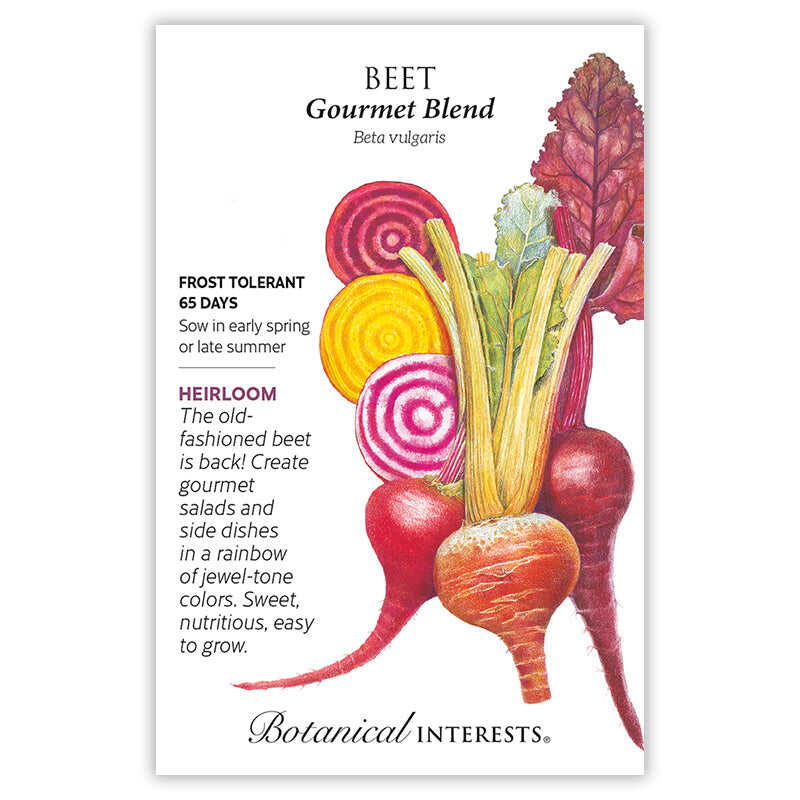 Front of an organic Botanical Interests seed packet for Gourmet Blend Beet Seeds displaying heirloom description and a botanical illustration of sliced and whole beets in red, yellow, and striped pink-and-white colors.