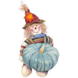 Illustration of a straw-haired scarecrow doll in a maroon hat and striped sweater, holding a large blue-grey ribbed Jarrahdale pumpkin with a tan stem, against a white background.