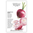 Seed packet for Red Amposta Bulb Onion illustrating a whole magenta-skinned onion with green stalks alongside sliced rings showing pale pink and white layers, with printed text noting intermediate day length, 115 days to maturity, spring or late-winter sowing, and a description praising its sweet flavor and storage quality.