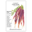Seed packet for Cosmic Purple carrot showing an illustrated bundle of deep purple, orange-fleshed carrots with feathery green tops, alongside text noting frost tolerance, a 70-day growing period, and a description praising their sweet, crunchy, vitamin-rich interior.