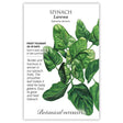 Seed packet for Lavewa spinach featuring a watercolor illustration of smooth, glossy dark green leaves on branching stems, with printed text noting it is frost tolerant, matures in 28–45 days, and is ideal for baby greens.