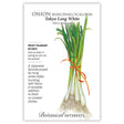 Seed packet for Onion Bunching/Scallion Tokyo Long White with green onions and its botanical information on a white background.