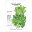 Front of an organic Botanical Interests seed packet for Heirloom Parris Island Cos Romaine Lettuce Seeds with botanical information and  illustration of upright green romaine lettuce.