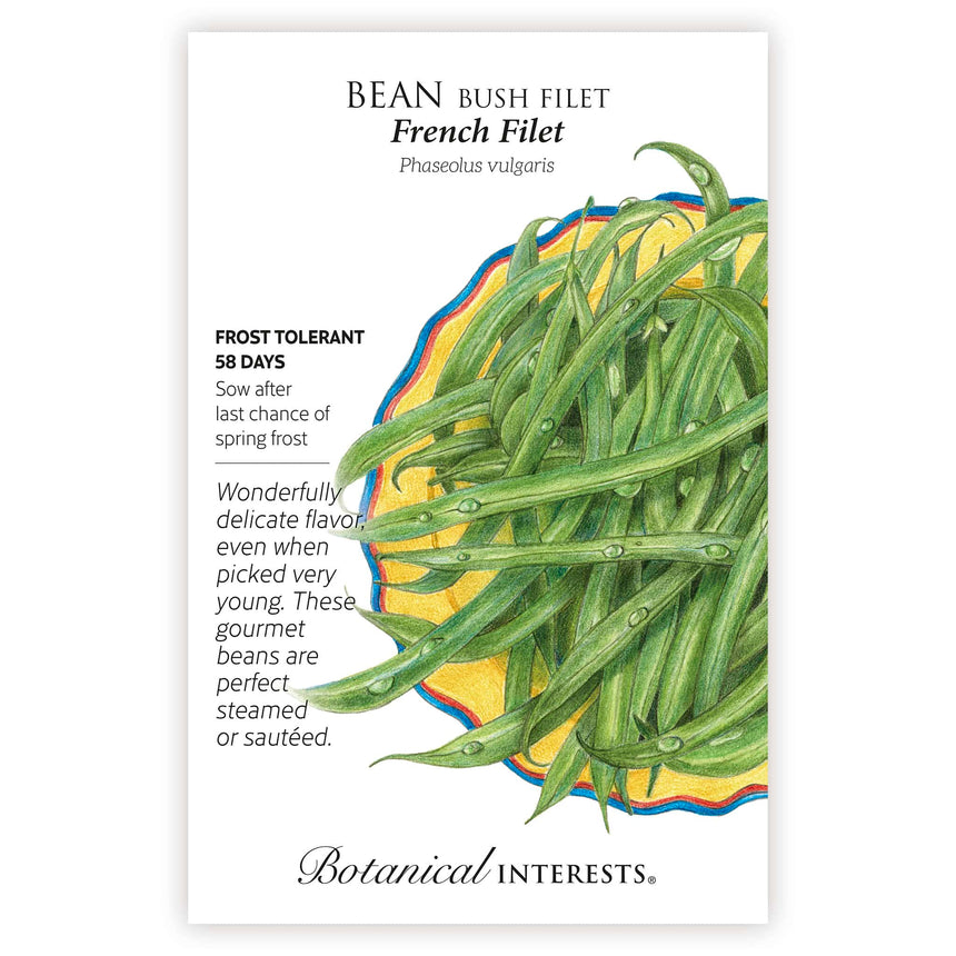 Seed packet for French Filet bush bean, illustrated with a heap of slender, dew-flecked green beans piled on a yellow and blue plate, alongside text noting frost tolerance, 58-day maturity, and a description praising their delicate flavor for steaming or sautéing.