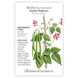 Seed packet for Scarlet Emperor Pole Runner Bean featuring a botanical illustration of a climbing vine with clusters of rich-red flowers, long green pods, and broad leaves twining up a wooden pole, alongside text noting it's frost sensitive, matures in 75 days, and attracts hummingbirds and pollinators.