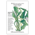 Seed packet for Orient Wonder Pole Yard Long Bean showing a detailed botanical illustration of long slender green pods, climbing vines, lobed leaves, and small purple-and-white flowers, with printed text noting it's frost sensitive, matures in 80 days, and describes the beans as growing up to 18 inches long.