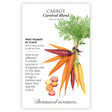 Seed packet for Carnival Blend Carrot illustrating a bunch of purple, orange, and yellow carrots with feathery green tops and sliced cross-sections, alongside text noting frost tolerance, a 65-75 day maturity, and spring-to-summer sowing.