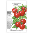 Seed packet for Glacier Bush Tomato featuring an illustration of clustered round red tomatoes with dew drops on a leafy vine, alongside printed text noting it's frost sensitive, 55 days from transplanting, semi-determinate, and an extremely cold-tolerant Swedish variety.