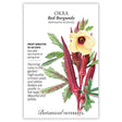 Seed packet for Red Burgundy Okra featuring a botanical illustration of a pale yellow flower with a dark red center and several deep crimson seed pods on maroon stems with lobed green leaves, alongside printed text noting frost sensitivity, a 55–60 day growing period, and a description of the crimson pods and yellow flowers.