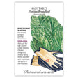 Seed packet for Florida Broadleaf Mustard with botanical illustration and botanical information.