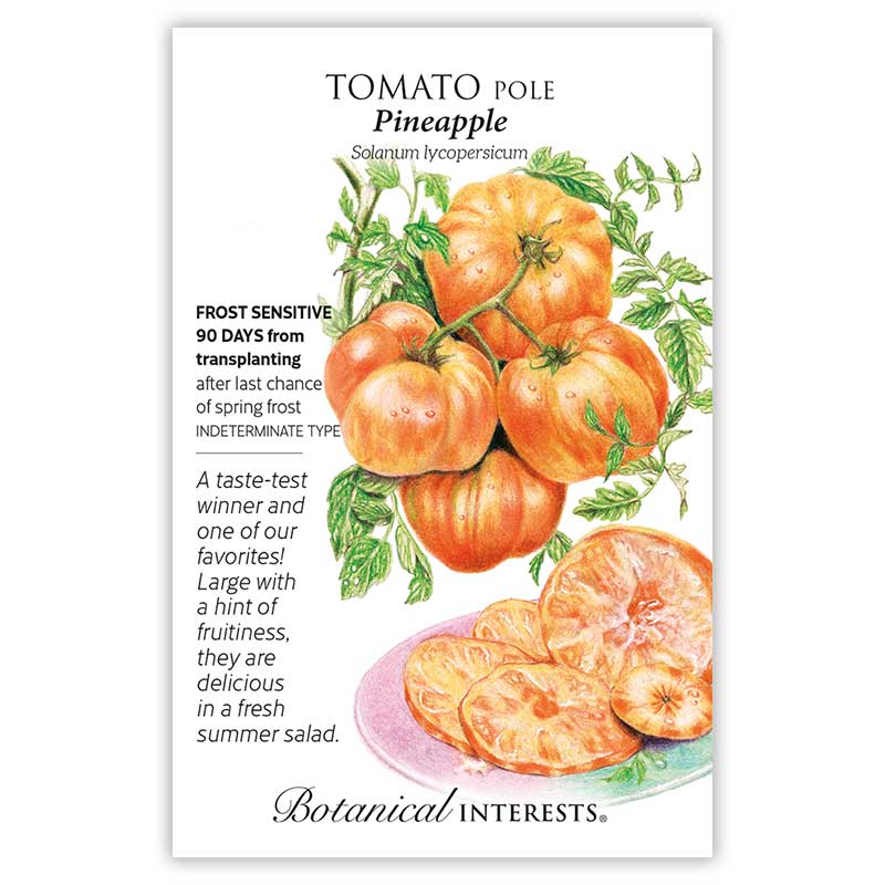 Pineapple tomato pole seed packet with illustrations of tomatoes and botanical information about the 'Pineapple' variety.