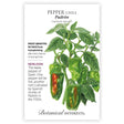 Seed packet for Padrón Chile Pepper featuring a detailed illustration of green, wrinkled peppers clustered on a leafy stem with dew drops, alongside text noting it's frost sensitive, ready 60 days after transplanting, and an heirloom variety cultivated by Spanish monks in the 1700s.