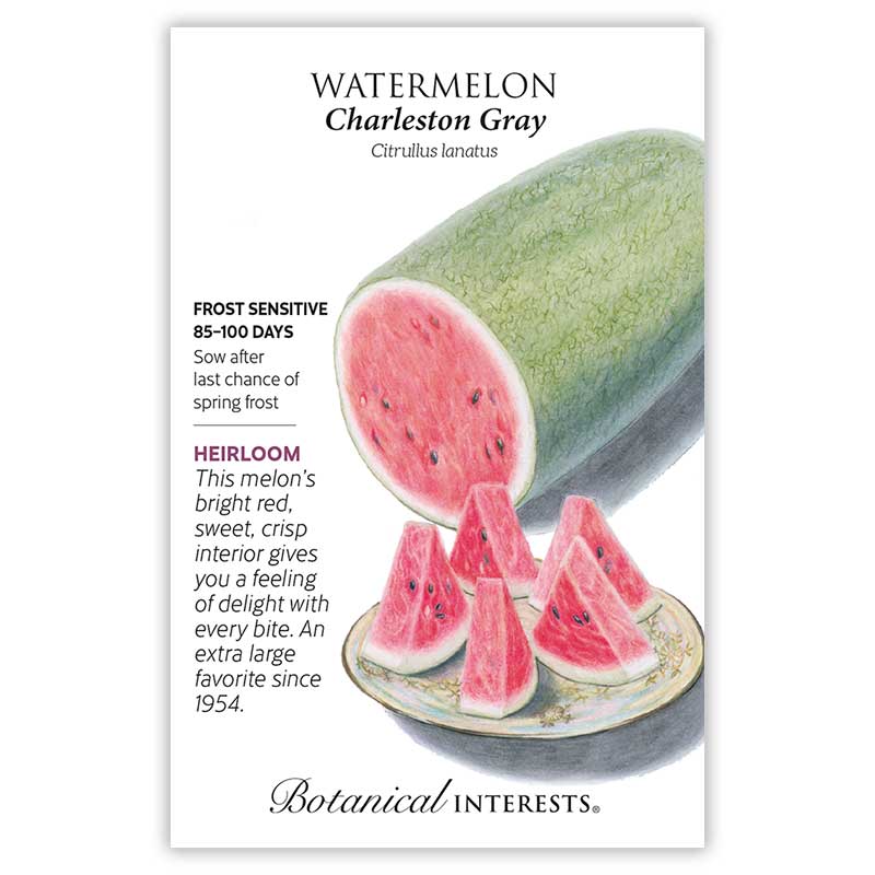 Seed packet for Watermelon Charleston Gray with illustrations and botanical information.