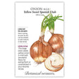 Seed packet for Yellow Sweet Spanish Utah heirloom onion, illustrated with two brown-skinned bulbs sprouting green tops and a halved onion showing pale yellow rings, alongside text noting long-day, 110-130 day growth and its mild, sweet flavor.