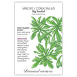 Seed packet for Big Seeded Mâche (Corn Salad), illustrated with clusters of rounded, ruffled green rosette leaves, and labeled frost tolerant, 60 days, heirloom, describing its mild flavor, tender texture, and suitability for container growing.