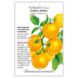 Seed packet for Golden Jubilee Pole Tomato, illustrated with a cluster of round golden-orange tomatoes on a leafy vine, with printed text noting it's an heirloom, frost sensitive, indeterminate type maturing 75–80 days after transplanting.