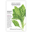 Front of a Botanical Interests "Swiss Chard Perpetual Spinach" seed packet displaying a botanical illustration of a leafy green bunch of Swiss chard with slim stems on a white background.