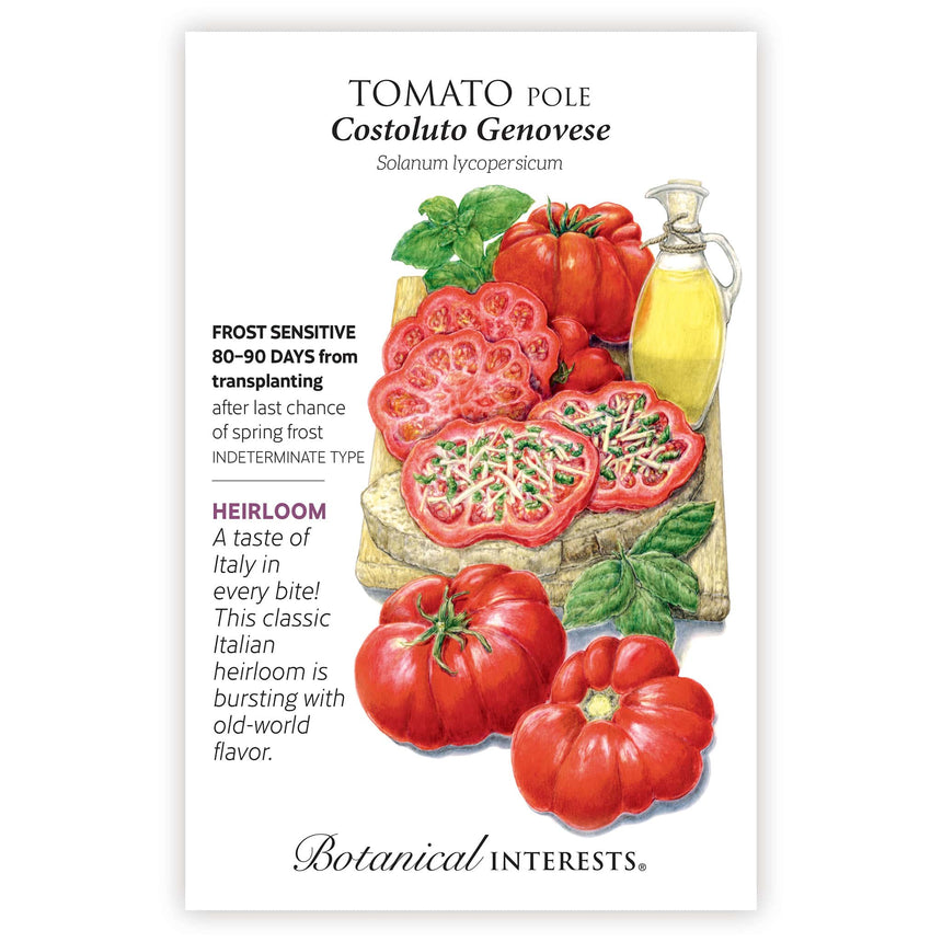 Seed packet for Costoluto Genovese Pole Tomato with illustration and its botanical information