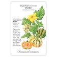 Thriller Winter Squash Seeds seed packet with illustrations and growing information on a white background
