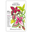 Seed packet for Coleus Rainbow Blend with illustration of colorful leaves and botanical information