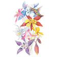 Botanical illustration of McKana Giants columbine blooms in red, yellow, pink, blue, white and purple with long spurred petals, showing a hummingbird feeding at one flower, against a plain white background.