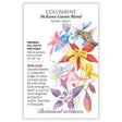 Seed packet for Columbine McKana Giants Blend featuring an illustration of pink, blue, red, yellow, and purple bicolor blooms with a hummingbird feeding, alongside text noting it's a heirloom perennial for full sun to part shade, blooming spring to early summer, 24–36 inches tall.