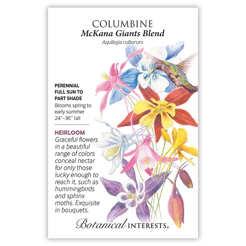 Seed packet for Columbine McKana Giants Blend featuring an illustration of pink, blue, red, yellow, and purple bicolor blooms with a hummingbird feeding, alongside text noting it's a heirloom perennial for full sun to part shade, blooming spring to early summer, 24–36 inches tall.